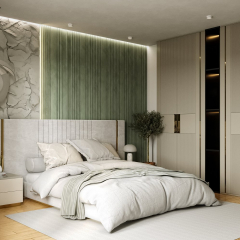 Кровать Prisma 160х200 светло-серого цвета с золотыми молдингами и подъемным механизмом