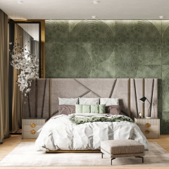 Кровать Afsana 160х200 светло-серого цвета с золотыми молдингами и подъемным механизмом