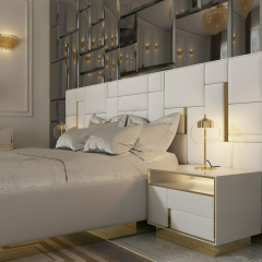 Кровать Nuvola d’oro 160х200 светло-серого цвета с золотыми молдингами и подъемным механизмом