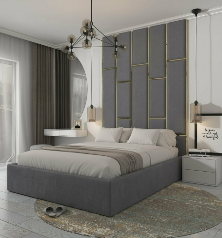 Кровать Leila 160х200см светло-серого цвета с золотыми молдингами и подъемным механизмом
