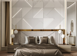 Кровать Loki Modern 160х200см светло-серого цвета с золотыми молдингами и подъемным механизмом