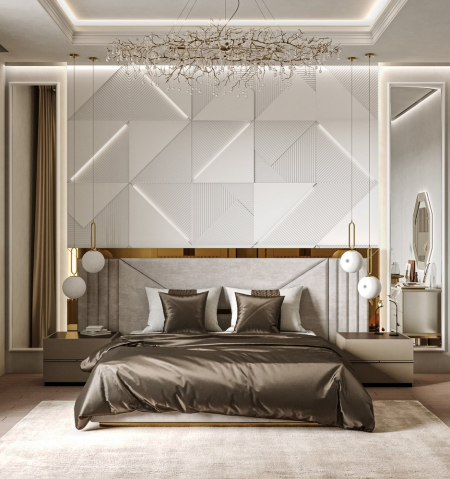 Кровать Loki Modern 160х200см светло-серого цвета с золотыми молдингами и подъемным механизмом