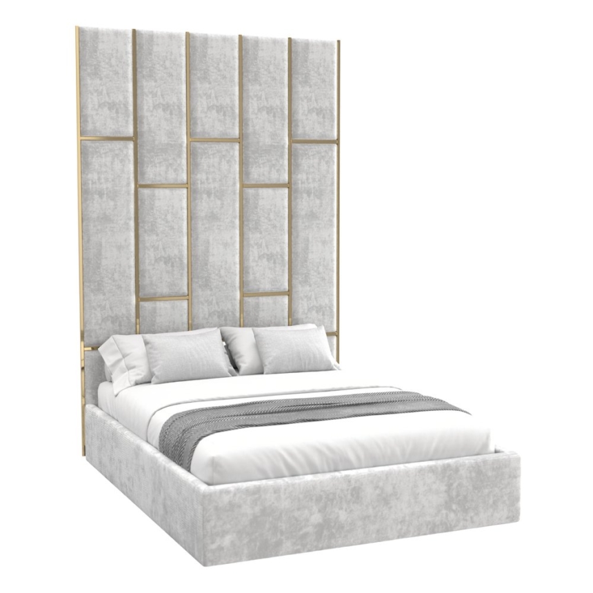 Кровать Леила 160х200см светло-серого цвета с золотыми молдингами и подъемным механизмом