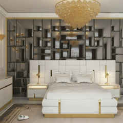 Кровать Nuvola d’oro 160х200 светло-серого цвета с золотыми молдингами и подъемным механизмом