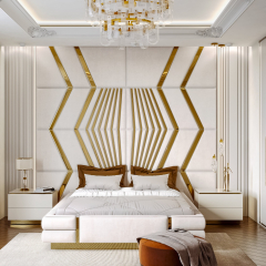 Кровать Fulmine 160х200см светло-бежевого цвета с золотыми молдингами и подъемным механизмом