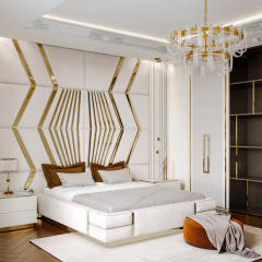 Кровать Fulmine 160х200см светло-бежевого цвета с золотыми молдингами и подъемным механизмом