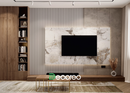 ТВ зона в гостиной с 3д панелями (готовое решение)