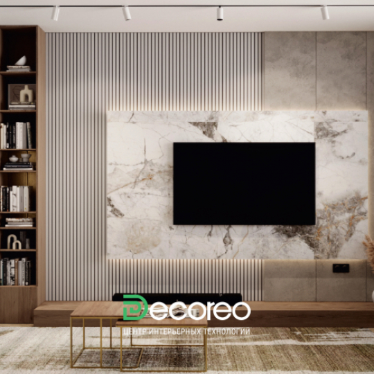 ТВ зона в гостиной с 3д панелями (готовое решение)