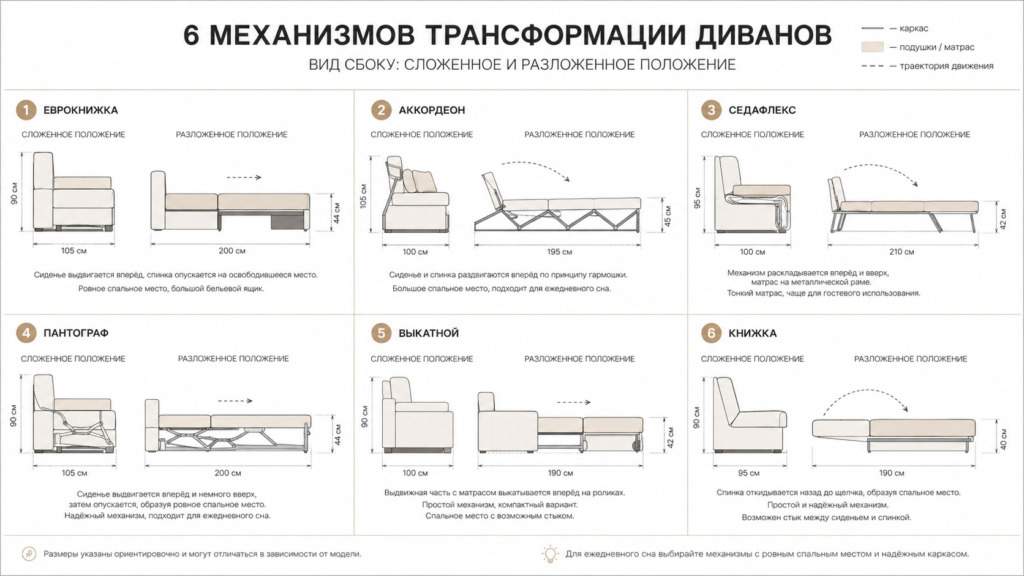 Схема-инфографика шести механизмов трансформации дивана