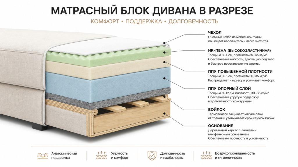 Разрез матрасного блока дивана