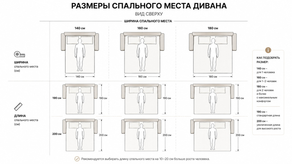Схема размеров спального места дивана