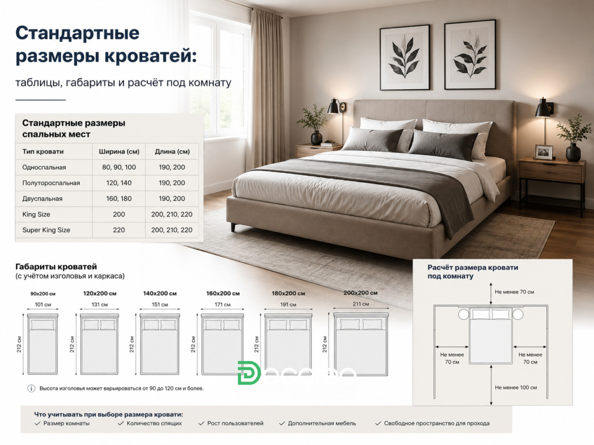 Стандартные размеры кроватей: таблицы, габариты и расчёт под комнату