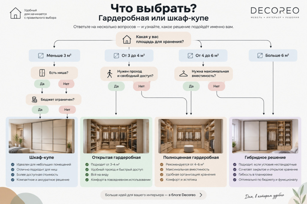 Схема выбора: гардеробная или шкаф-купе
