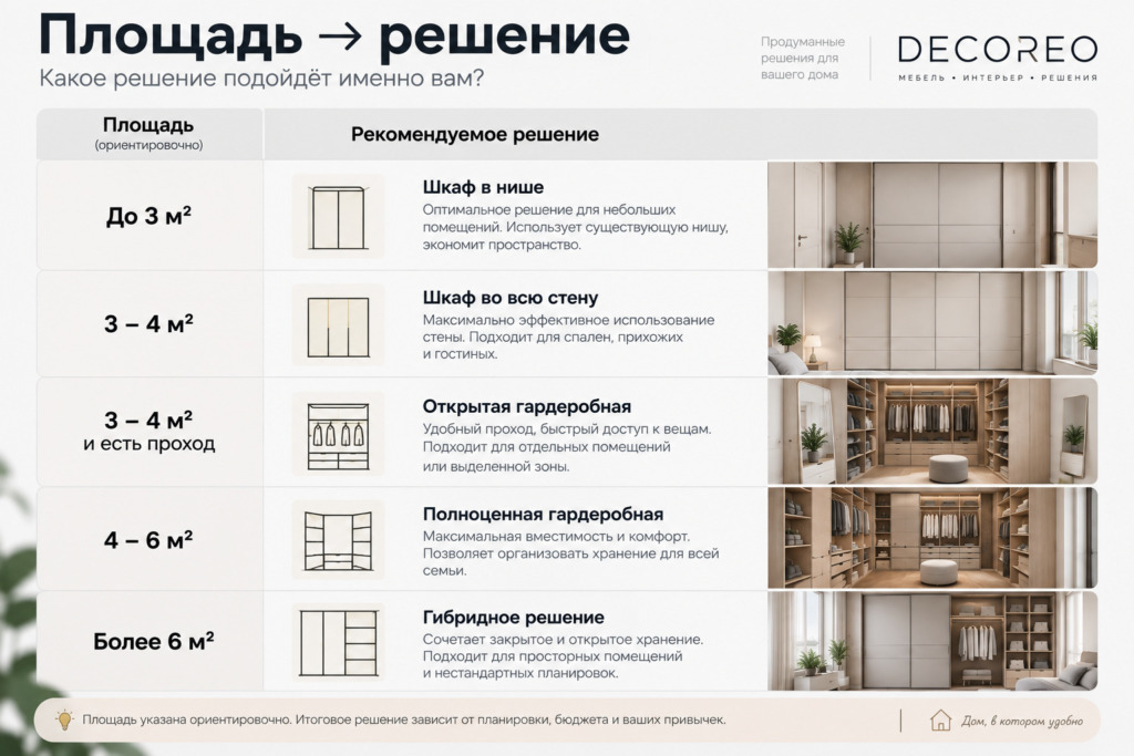 Инфографика-таблица: площадь в м² слева, рекомендуемое решение справа